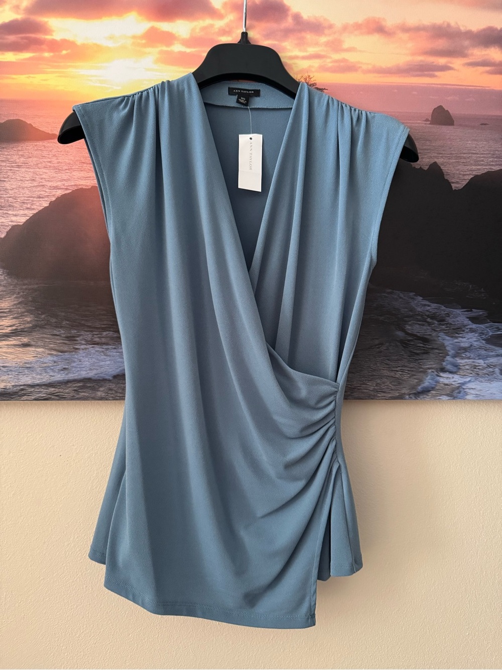 Ann Taylor Sleeveless Surplice Wrap Top in Dusty Blue/ XS/ NWT
